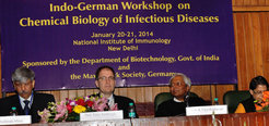 Fig.: At the opening ceremony of the workshop „Chemical Biology of Infectious Diseases“ in New Delhi (from left to right): Dr. Arabinda Mitra– Department of Science and Technology (DST), Prof. Peter Seeberger, Director, Max Planck Institute of Colloids and Interfaces, Prof. VijayRaghavan, Secretary, Department of Biotechnology, Government of India - Dr. Chandrima Shaha, Director, NII