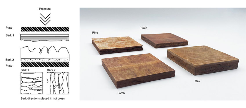 schematic representation of the pressing process, right: ready pressed bark panels