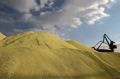 Sulfur is an abundant element, making it a key advantage in lithium-sulfur and sodium-sulfur batteries. The image shows a large sulfur stockpile at the port of Nantong, China.